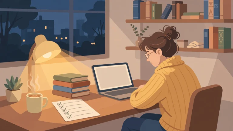 Student studying with books, laptop and checklist under a desk lamp — Duolingo English Test preparation guide