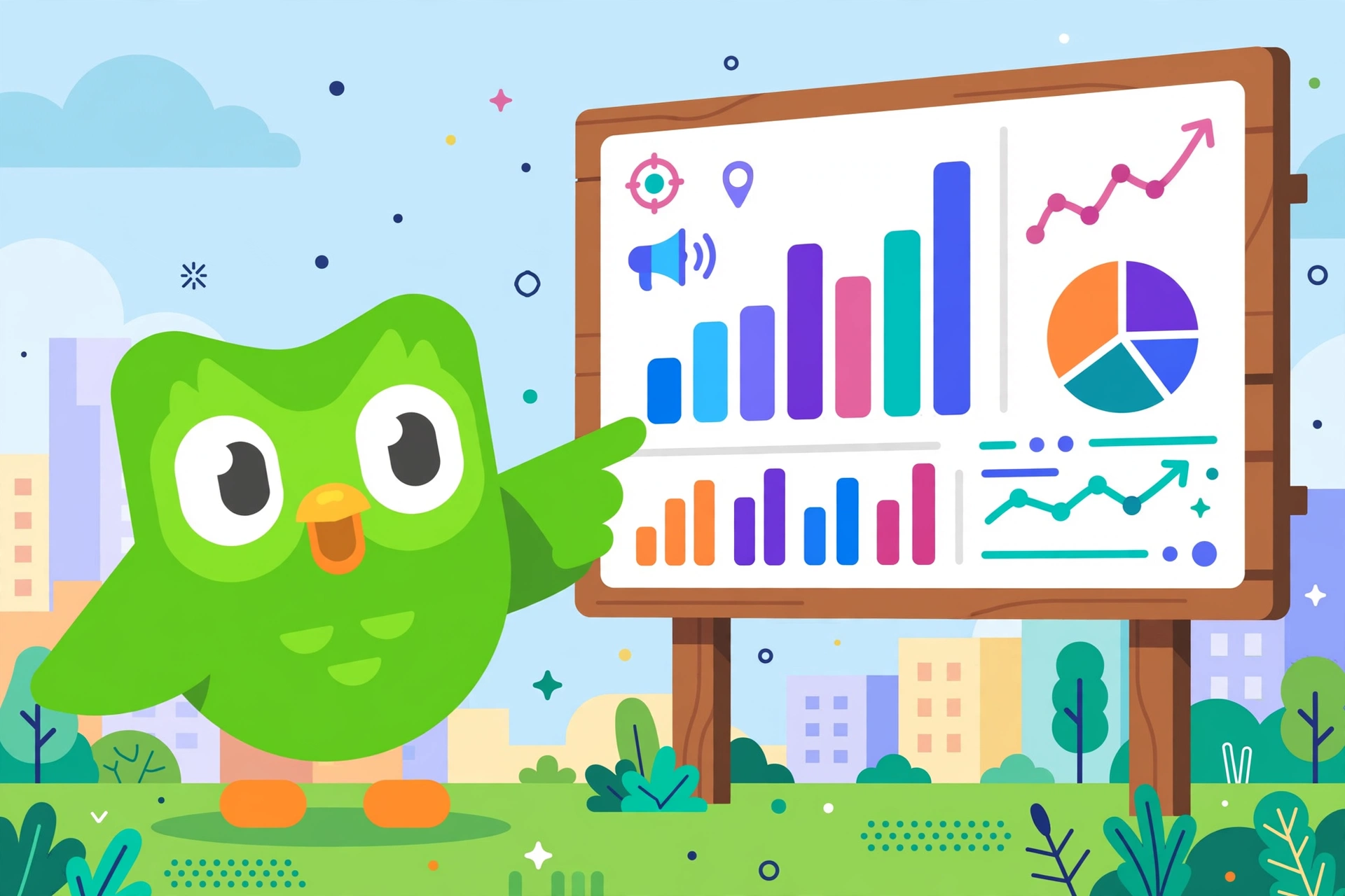 Green owl presenting a marketing dashboard with charts — Duolingo Ads platform