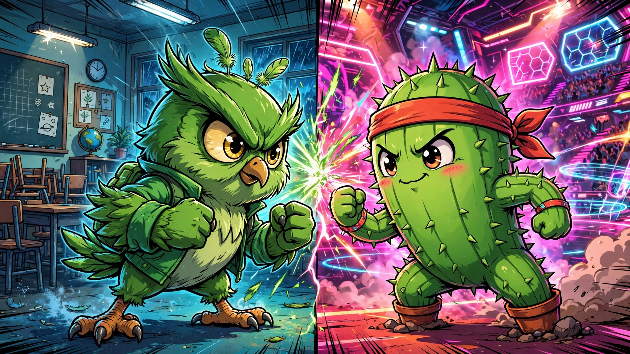 Duo the Owl vs Spike the cactus face-off — Duolingo x Brawl Stars collab