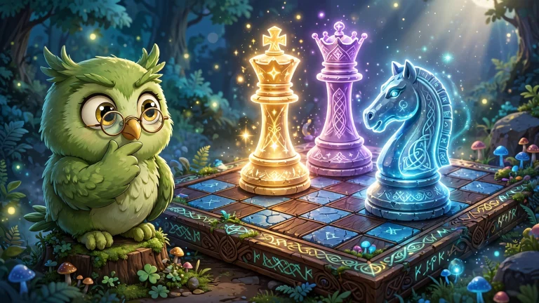 Green owl studying glowing chess pieces — Duolingo chess course