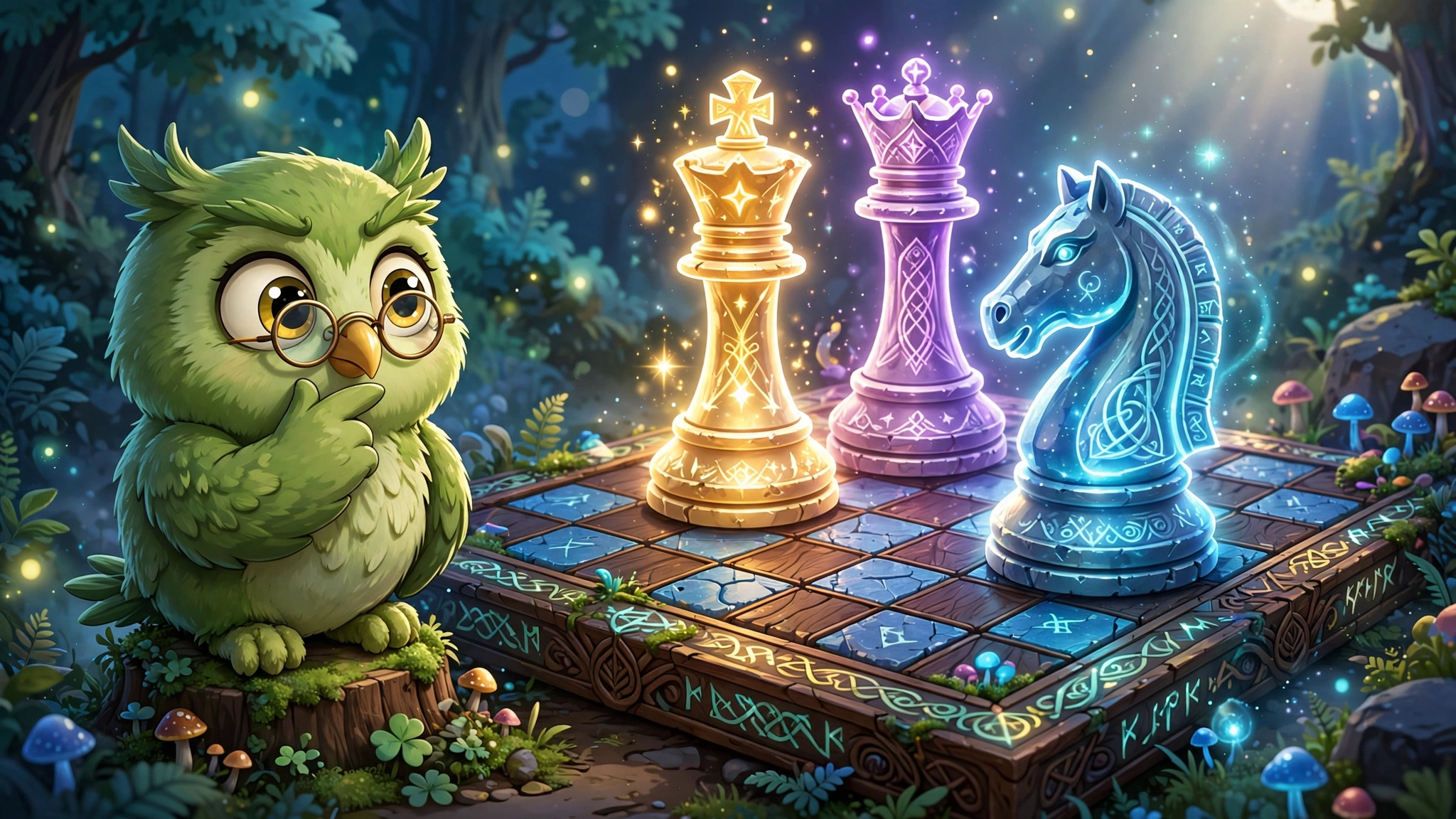 Green owl studying glowing chess pieces — Duolingo chess course