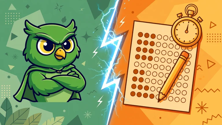 Green owl vs exam test motif split-screen showdown — Duolingo vs PTE comparison