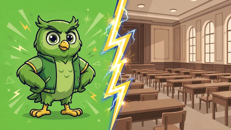 Green owl vs exam hall split-screen showdown — Duolingo vs TOEFL comparison