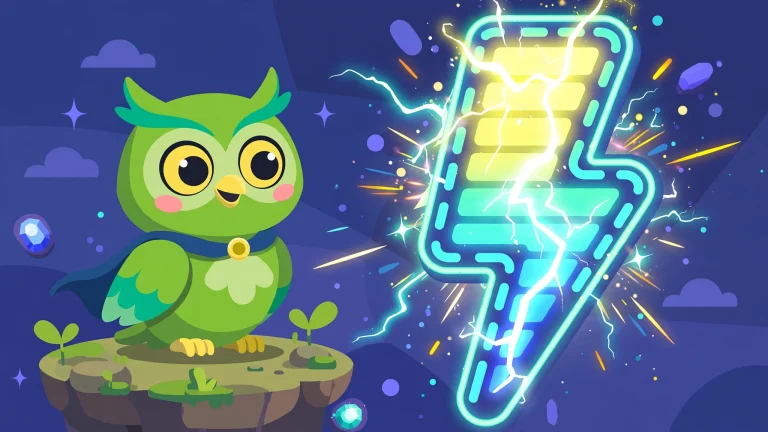 Green owl next to a glowing lightning-bolt energy meter — Duolingo energy system explained