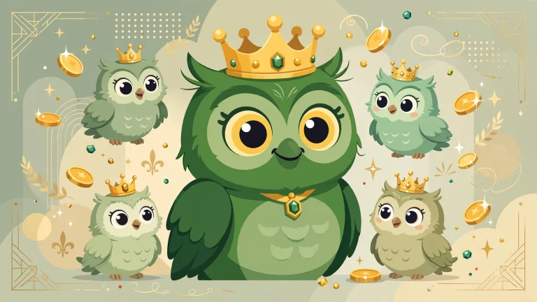 Green owl with a family of smaller owls and gold coins — Duolingo Max family plan price