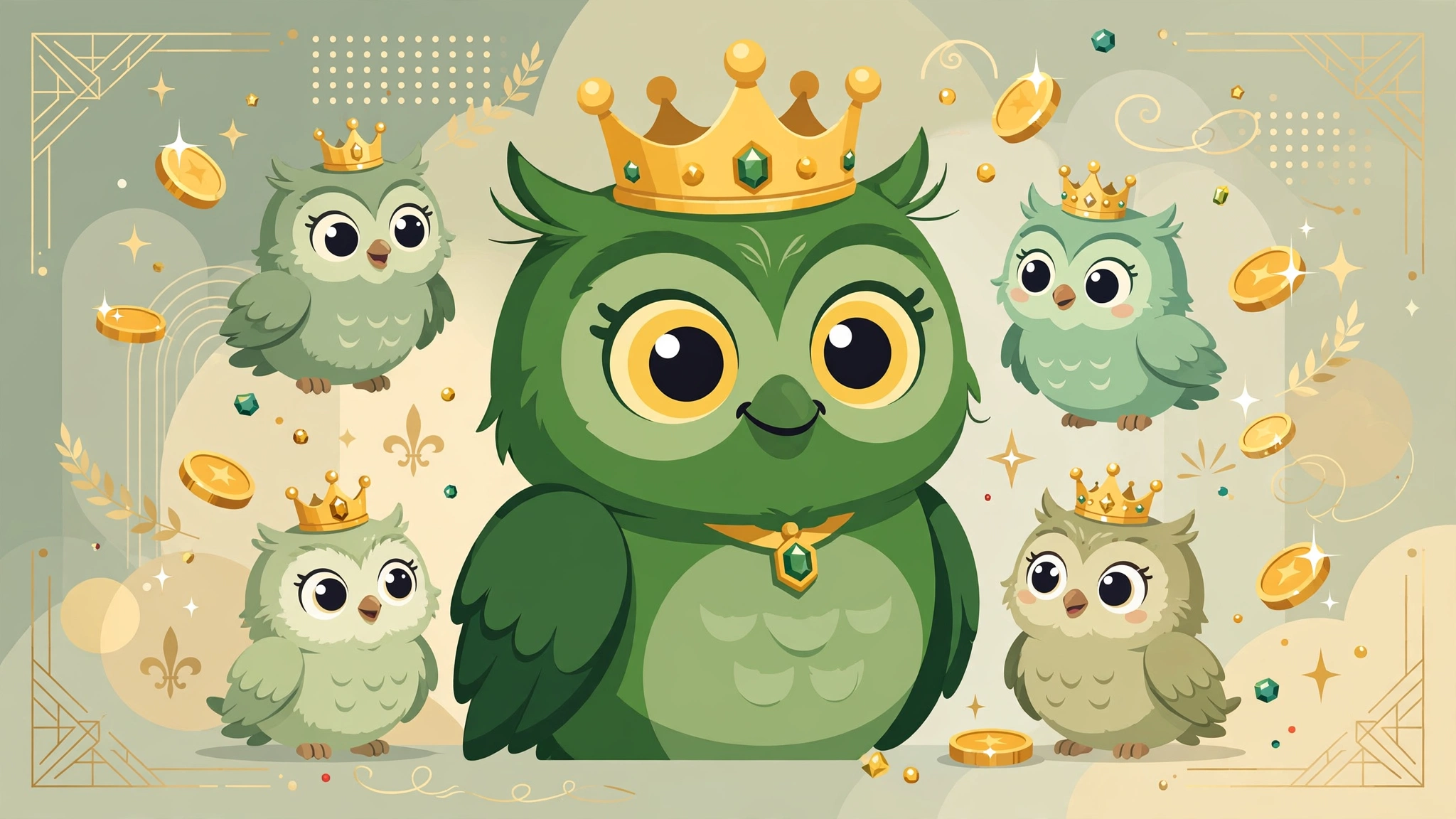 Green owl with a family of smaller owls and gold coins — Duolingo Max family plan price