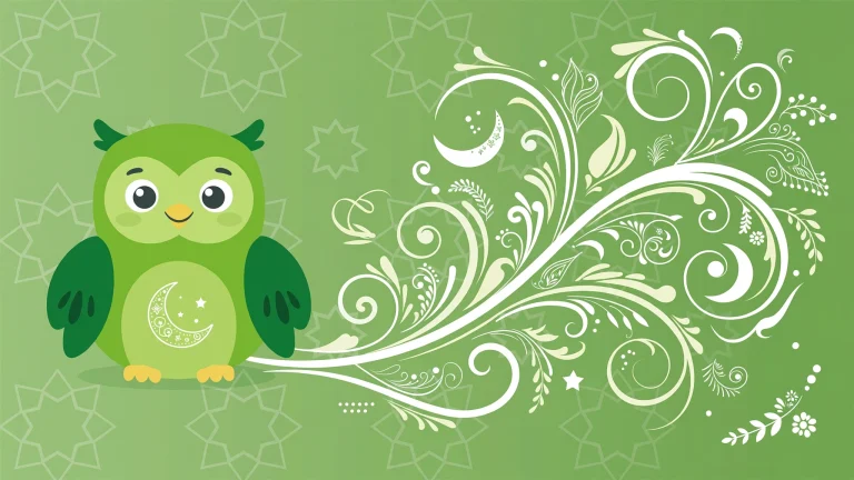 Green owl with Urdu calligraphy flourishes in green and white — Duolingo Urdu course