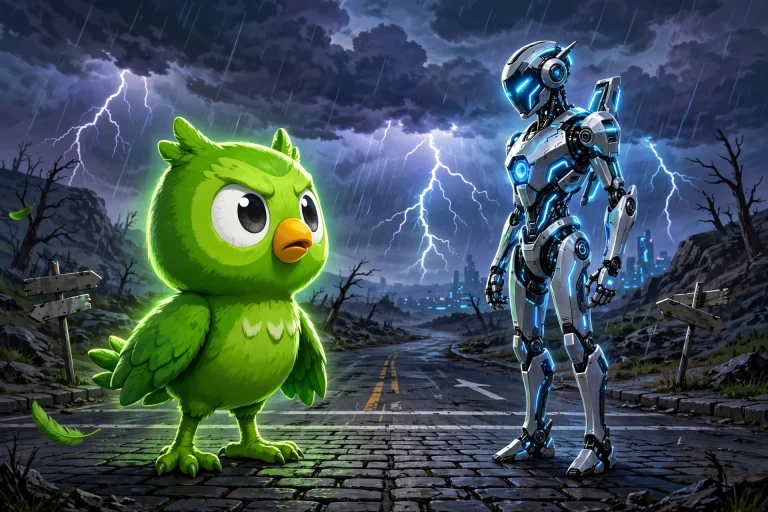 Duolingo's green owl Duo facing an AI robot under a stormy sky — AI layoffs controversy